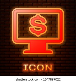 Glowing neon Computer monitor with dollar icon isolated on brick wall background. Internet financial security concept, online finance protection.  Vector Illustration