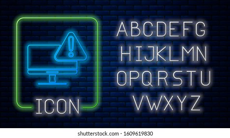 Glowing neon Computer monitor with exclamation mark icon isolated on brick wall background. Alert message smartphone notification. Neon light alphabet. Vector Illustration