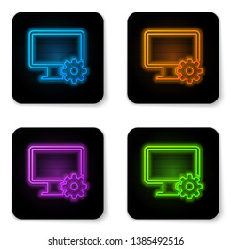 Glowing neon Computer monitor and gear icon isolated on white background. Adjusting app, setting options, maintenance, repair, fixing monitor concepts. Black square button. Vector Illustration
