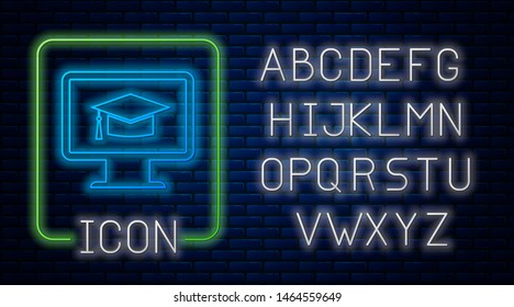 Glowing neon Computer monitor with graduation cap icon isolated on brick wall background. Online learning or e-learning concept. Internet knowledge symbol. Neon light alphabet. Vector Illustration