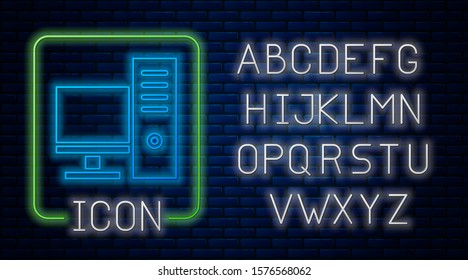 Glowing neon Computer monitor icon isolated on brick wall background. PC component sign. Neon light alphabet. Vector Illustration
