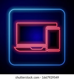 Glowing neon Computer monitor and mobile phone icon isolated on blue background. Earnings in the Internet, marketing.  Vector Illustration