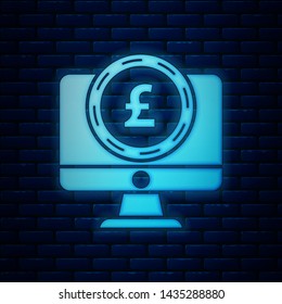Glowing neon Computer monitor with pound sterling symbol icon isolated on brick wall background. Online shopping concept. Earnings in the Internet.  Vector Illustration