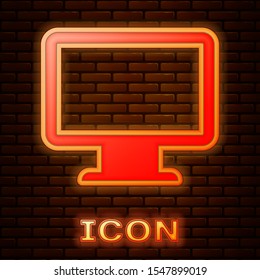 Glowing neon Computer monitor screen icon isolated on brick wall background. Electronic device. Front view.  Vector Illustration