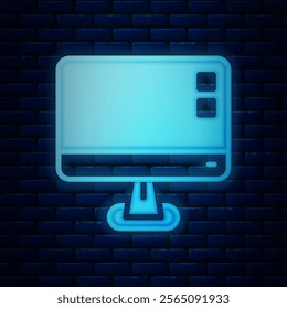 Glowing neon Computer monitor screen icon isolated on brick wall background. Electronic device. Front view.  Vector