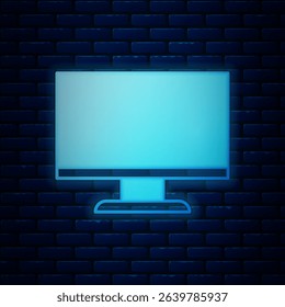 Glowing neon Computer monitor screen icon isolated on brick wall background. Electronic device. Front view.  Vector