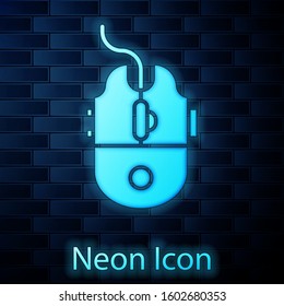 Glowing neon Computer mouse gaming icon isolated on brick wall background. Optical with wheel symbol.  Vector Illustration