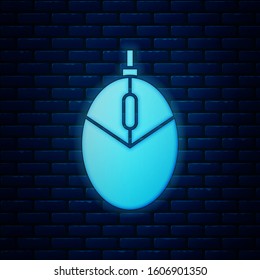 Glowing neon Computer mouse gaming icon isolated on brick wall background. Optical with wheel symbol.  Vector Illustration