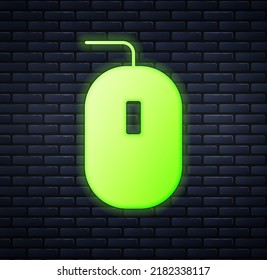 Glowing neon Computer mouse gaming icon isolated on brick wall background. Optical with wheel symbol.  Vector