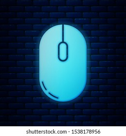 Glowing neon Computer mouse icon isolated on brick wall background. Optical with wheel symbol.  Vector Illustration