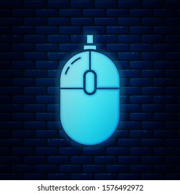 Glowing neon Computer mouse icon isolated on brick wall background. Optical with wheel symbol.  Vector Illustration