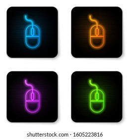 Glowing neon Computer mouse icon isolated on white background. Optical with wheel symbol. Black square button. Vector Illustration
