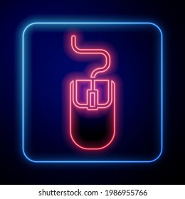 Glowing neon Computer mouse icon isolated on blue background. Optical with wheel symbol.  Vector Illustration