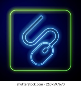 Glowing neon Computer mouse icon isolated on blue background. Optical with wheel symbol.  Vector