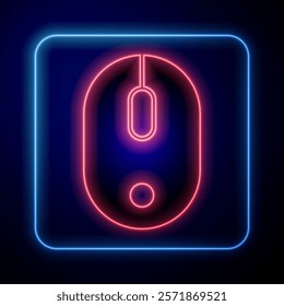 Glowing neon Computer mouse icon isolated on blue background. Optical with wheel symbol.  Vector
