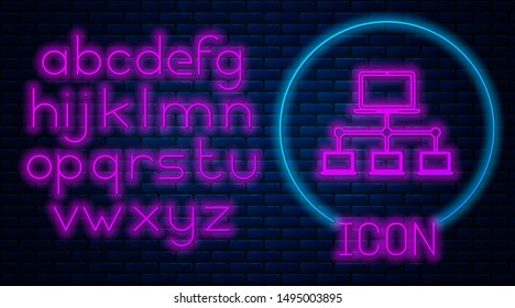 Glowing neon Computer network icon isolated on brick wall background. Laptop network. Internet connection. Neon light alphabet. Vector Illustration
