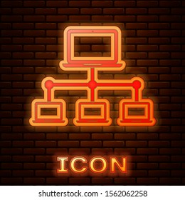 Glowing neon Computer network icon isolated on brick wall background. Laptop network. Internet connection.  Vector Illustration