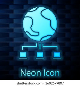 Glowing neon Computer network icon isolated on brick wall background. Online gaming. Laptop network. Internet connection.  Vector Illustration