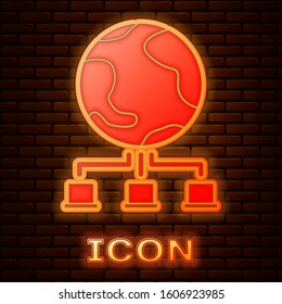 Glowing neon Computer network icon isolated on brick wall background. Online gaming. Laptop network. Internet connection.  Vector Illustration