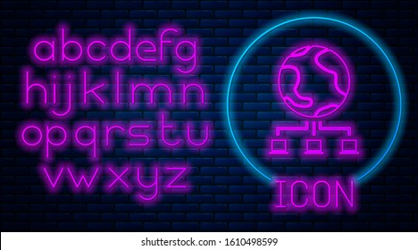 Glowing neon Computer network icon isolated on brick wall background. Online gaming. Laptop network. Internet connection. Neon light alphabet. Vector Illustration