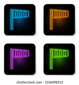 Glowing neon Cone meteorology windsock wind vane icon isolated on white background. Windsock indicate the direction and strength of the wind. Black square button. Vector Illustration