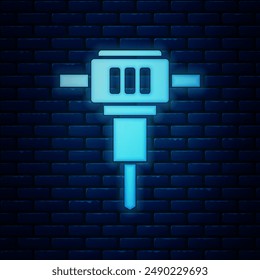 Glowing neon Construction jackhammer icon isolated on brick wall background.  Vector