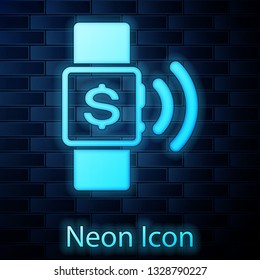 Glowing neon Contactless payment icon isolated on brick wall background. Smartwatch with nfc technology making wireless contactless transactions. Vector Illustration