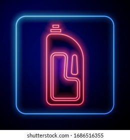 Glowing neon Container with drain cleaner icon isolated on blue background. Detergent in plastic bottle.  Vector Illustration