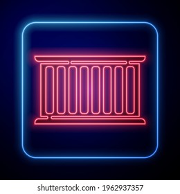 Glowing neon Container icon isolated on blue background. Crane lifts a container with cargo.  Vector Illustration