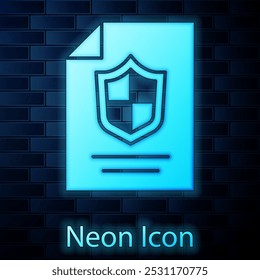 Glowing neon Contract with shield icon isolated on brick wall background. Insurance concept. Security, safety, protection, protect concept.  Vector