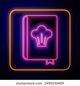 Glowing neon Cookbook icon isolated on black background. Cooking book icon. Recipe book. Fork and knife icons. Cutlery symbol.  Vector