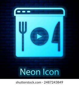 Glowing neon Cooking live streaming icon isolated on brick wall background.  Vector