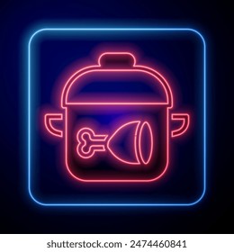 Glowing neon Cooking pot and chicken leg icon isolated on black background. Chicken drumstick.  Vector