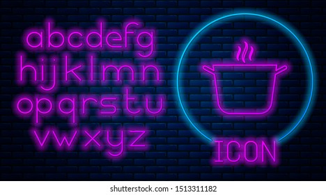 Glowing neon Cooking pot icon isolated on brick wall background. Boil or stew food symbol. Neon light alphabet. Vector Illustration