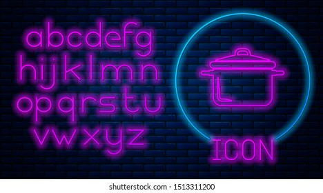 Glowing neon Cooking pot icon isolated on brick wall background. Boil or stew food symbol. Neon light alphabet. Vector Illustration