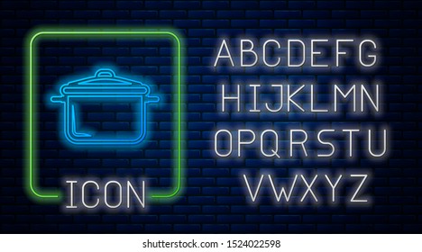 Glowing neon Cooking pot icon isolated on brick wall background. Boil or stew food symbol. Neon light alphabet. Vector Illustration