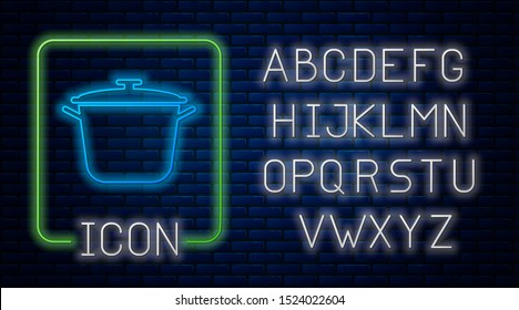 Glowing neon Cooking pot icon isolated on brick wall background. Boil or stew food symbol. Neon light alphabet. Vector Illustration