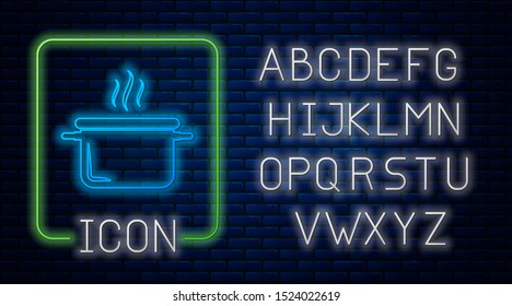 Glowing neon Cooking pot icon isolated on brick wall background. Boil or stew food symbol. Neon light alphabet. Vector Illustration