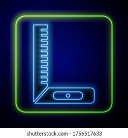 Glowing neon Corner ruler icon isolated on blue background. Setsquare, angle ruler, carpentry, measuring utensil, scale.  Vector Illustration