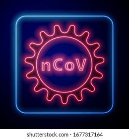 Glowing neon Corona virus 2019-nCoV icon isolated on blue background. Bacteria and germs, cell cancer, microbe, fungi.  Vector Illustration