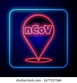 Glowing neon Corona virus 2019-nCoV on location icon isolated on blue background. Bacteria and germs, cell cancer, microbe, fungi.  Vector Illustration