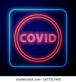 Glowing neon Corona virus covid-19 icon isolated on blue background. Bacteria and germs, cell cancer, microbe, fungi.  Vector Illustration