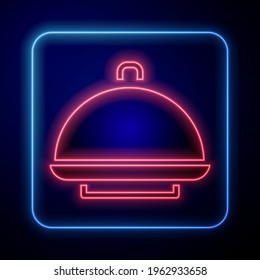 Glowing neon Covered with a tray of food icon isolated on blue background. Tray and lid sign. Restaurant cloche with lid.  Vector