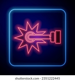Glowing neon Cowboy horse riding spur for boot icon isolated on blue background.  Vector
