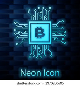 Glowing neon CPU mining farm icon isolated on brick wall background. Bitcoin sign inside processor. Cryptocurrency mining community. Digital money. Vector Illustration