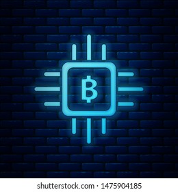 Glowing neon CPU mining farm icon isolated on brick wall background. Bitcoin sign inside processor. Cryptocurrency mining community. Digital money.  Vector Illustration