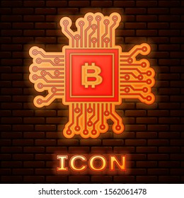 Glowing neon CPU mining farm icon isolated on brick wall background. Bitcoin sign inside processor. Cryptocurrency mining community. Digital money.  Vector Illustration