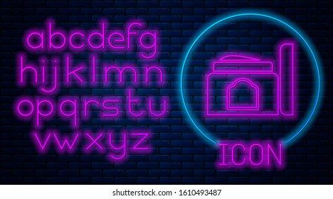 Glowing neon Cream or lotion cosmetic tube icon isolated on brick wall background. Body care products for men. Neon light alphabet. Vector Illustration