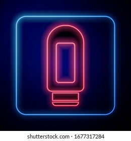 Glowing neon Cream or lotion cosmetic tube icon isolated on blue background. Body care products for men.  Vector Illustration