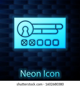 Glowing neon Create account screen icon isolated on brick wall background.  Vector Illustration